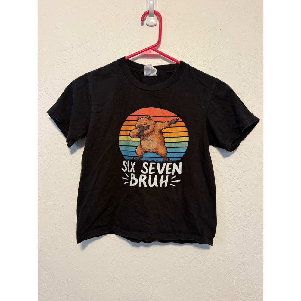 Port & Company Youth Small Black Dabbing Capybara Six Seven Bruh Graphic T-Shirt